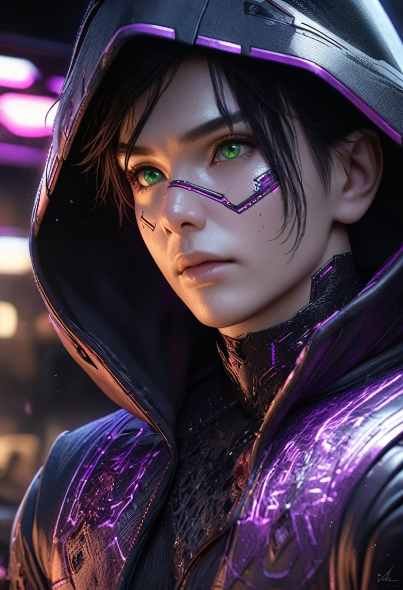 anime style, 1 man with short black hair and green eyes, wearing a black and purple hooded futuristic cyberpunk outfit, playing cards, intricate details, hyper realistic, octane render, 8k, HDR, cinematic lighting, chiaroscuro, dramatic colors