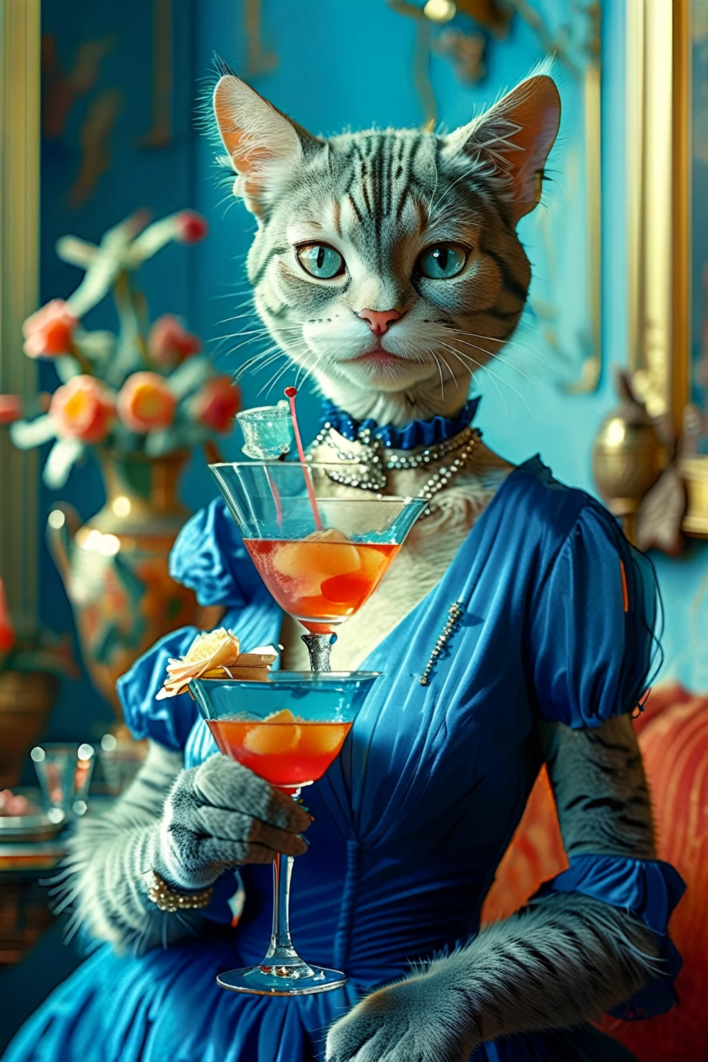 A humanoid feline woman、A middle-aged anthropomorphic female cat wearing a blue dress holding a cocktail glass, with a drink, Emma Andievska, vesper lynd from casino royale, Drink a cocktail, by Lisa Nankibir, A glamorous cat woman, inspired by Carlo Martini, Advertising Photography, Lovely cat, by Mathias Kollros, Are you having fun, holding a martini