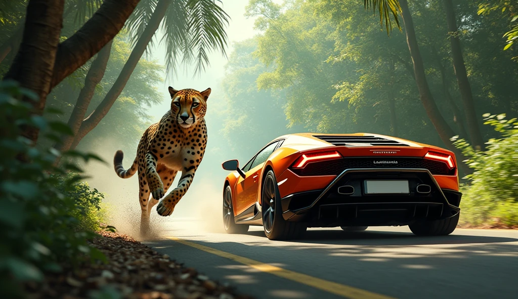 A cheetah running at top speed in the jungle chasing a Lamborghini