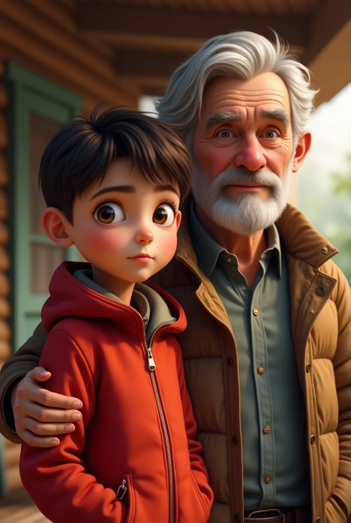 11 year old boy with brown eyes and brown hair wearing red jacket and dad
