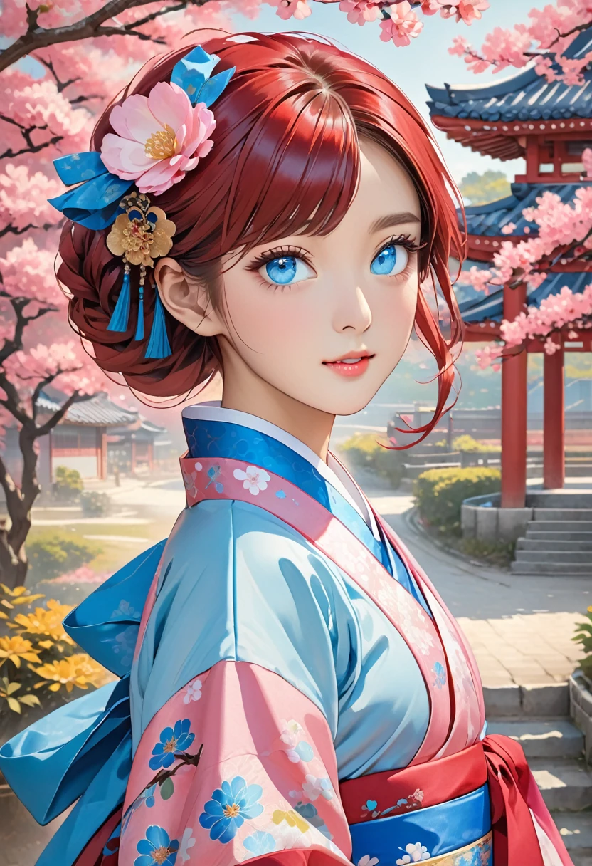 a young asian woman with large blue eyes wearing a pink dress, blue eyes, 1girl, red hair, hair ornament, looking at viewer, hanbok