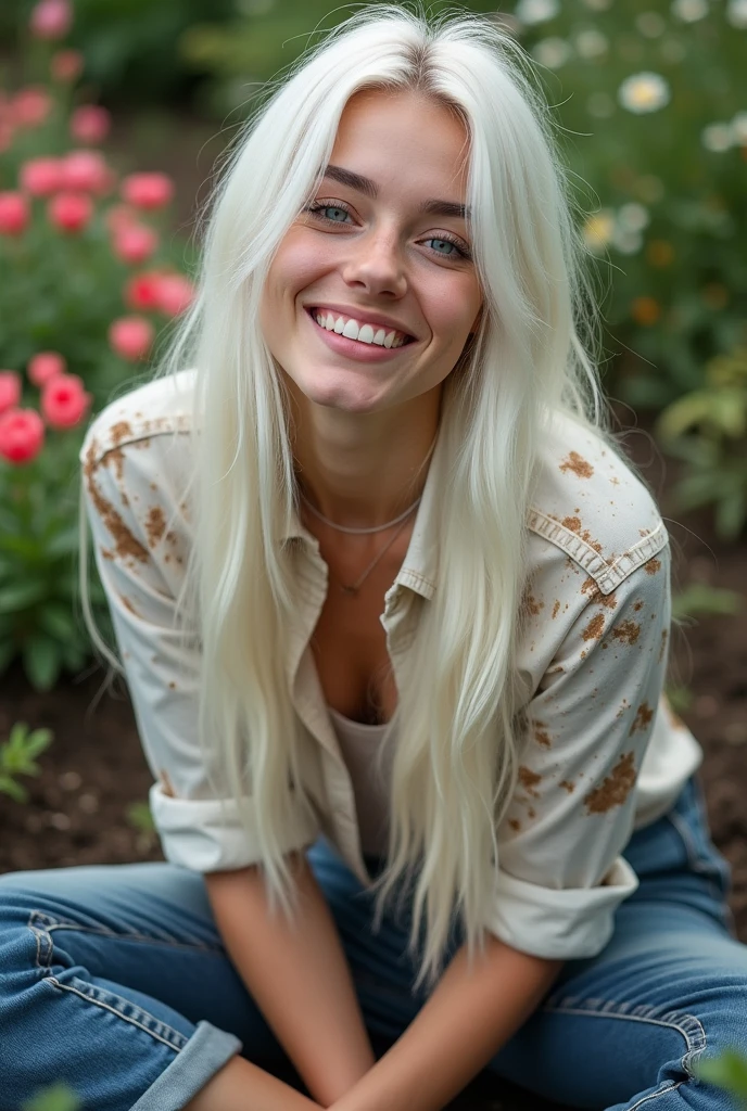A pretty blue-eyed Instagram model with very long straight snow-white hair with a realistic natural pale porcelain complexion on an oval face. She is sitting in her garden in the dirt, surrounded by flowers with a ratty dirty covered shirt and jeans. Her expression is happy as she is in her element in the garden.