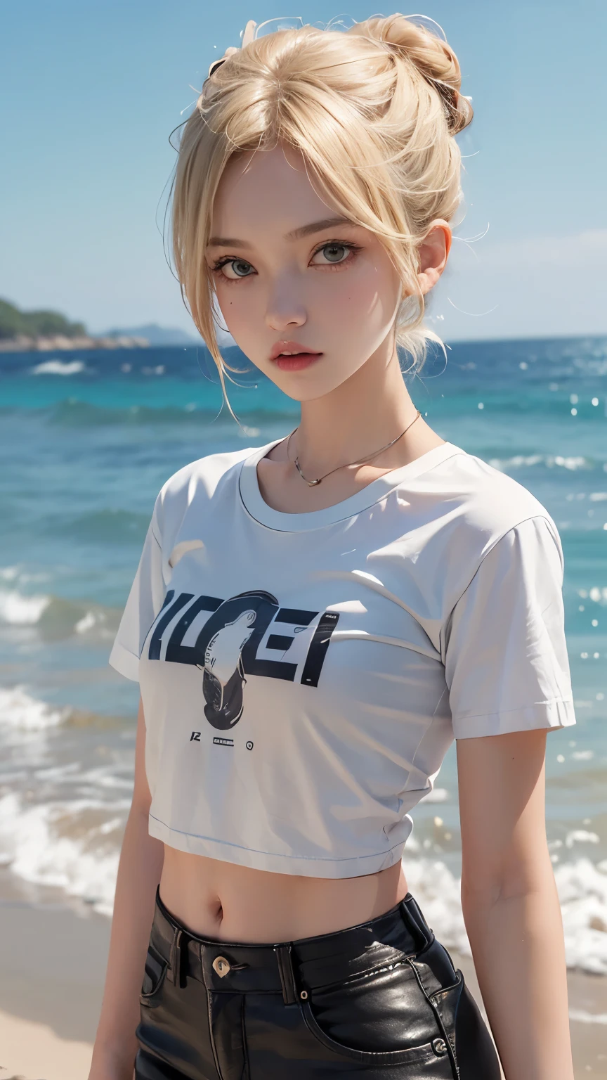 score_9, score_8_up, score_7_up, sfw, Anatomically Correct, portrait, 1girl,, (slender body),((flat chest:1.2)),short blond hair with 2 buns, tight cropped white t-shirt with "BOYISH" logo printed, low rise cropped shorts, smokey eyes, ocean view, 