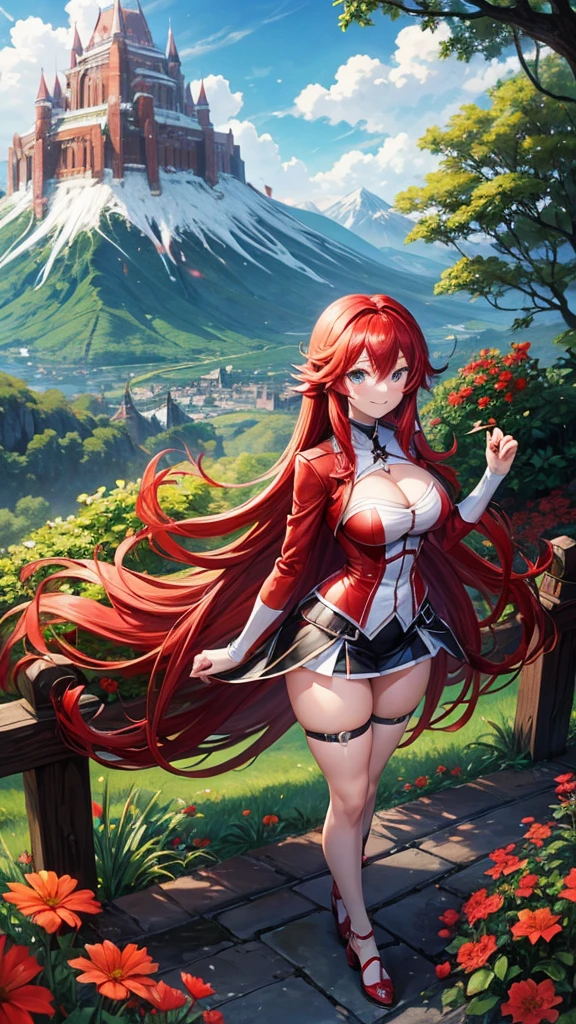 Rias Gremory, smile, red hair, blue eyes, full body, mountain, flowers
