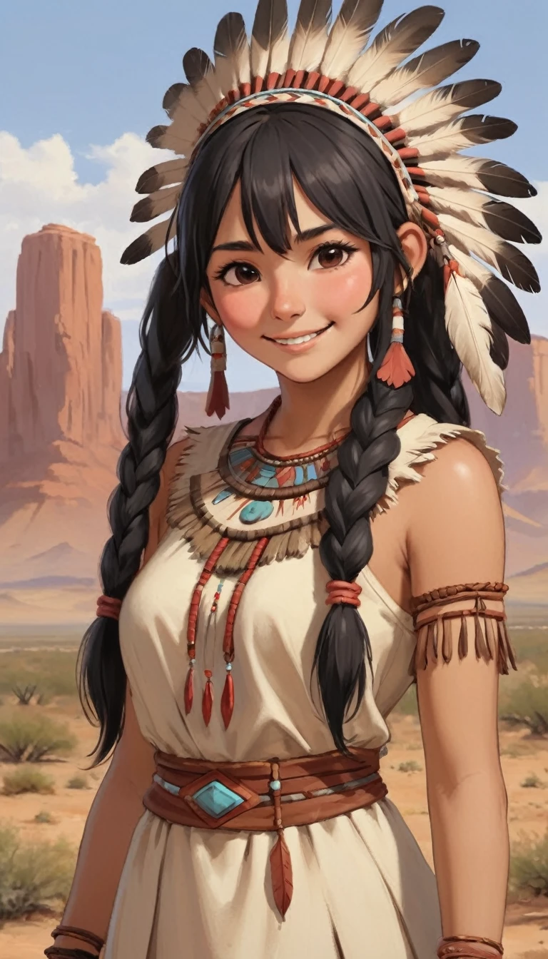 War bonnet、cheyenne、profile、Upper Body、masterpiece、Highest quality、1 beautiful girl、Black Hair、Twin tails、20-year-old、head band、Brown skin、dress、Native American、Upper Body、smile、love、Blushing cheeks、scenery、desert
