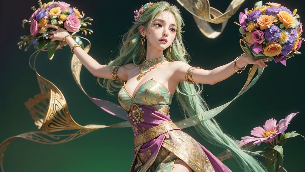 32K, 最高quality, 最高masterpiece, (ultra-Detailed Background, Detailed Background), High resolution, Super detailed, Very detailedな, One girl, (bouquet:1.3), (Tangled:1.2), (Geometric:1.2),(colorful),(masterpiece, quality, best quality, Official Art, Beautiful and beautiful:1.2), (1 girl:1.3), Very detailed,(colorful:1.1)(Flowers:1.3),Most detailed,(Tangled:1.2), whole body, (Abstract background:1.3), (Skin glows), (Many colors:1.4), ,(Earrings Jewelry:1.5), Light green background,