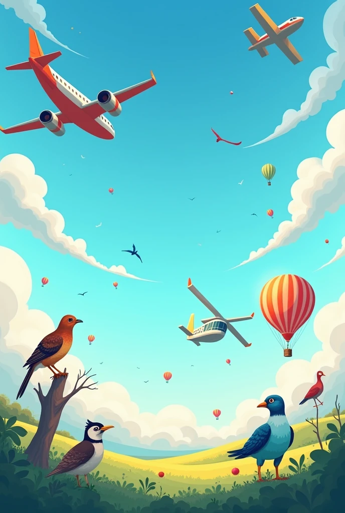 Give me a picture of day light sky with different types of birds, an aeroplane, a jet, an air balloon, and a sattalite. This should be suitable for a children