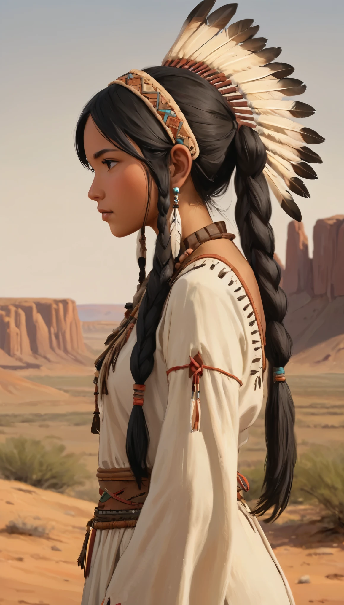 War bonnet、cheyenne、profile、Upper Body、masterpiece、Highest quality、1 beautiful girl、Black Hair、Twin tails、20-year-old、head band、Brown skin、dress、Native American、Upper Body、profile、scenery、desert