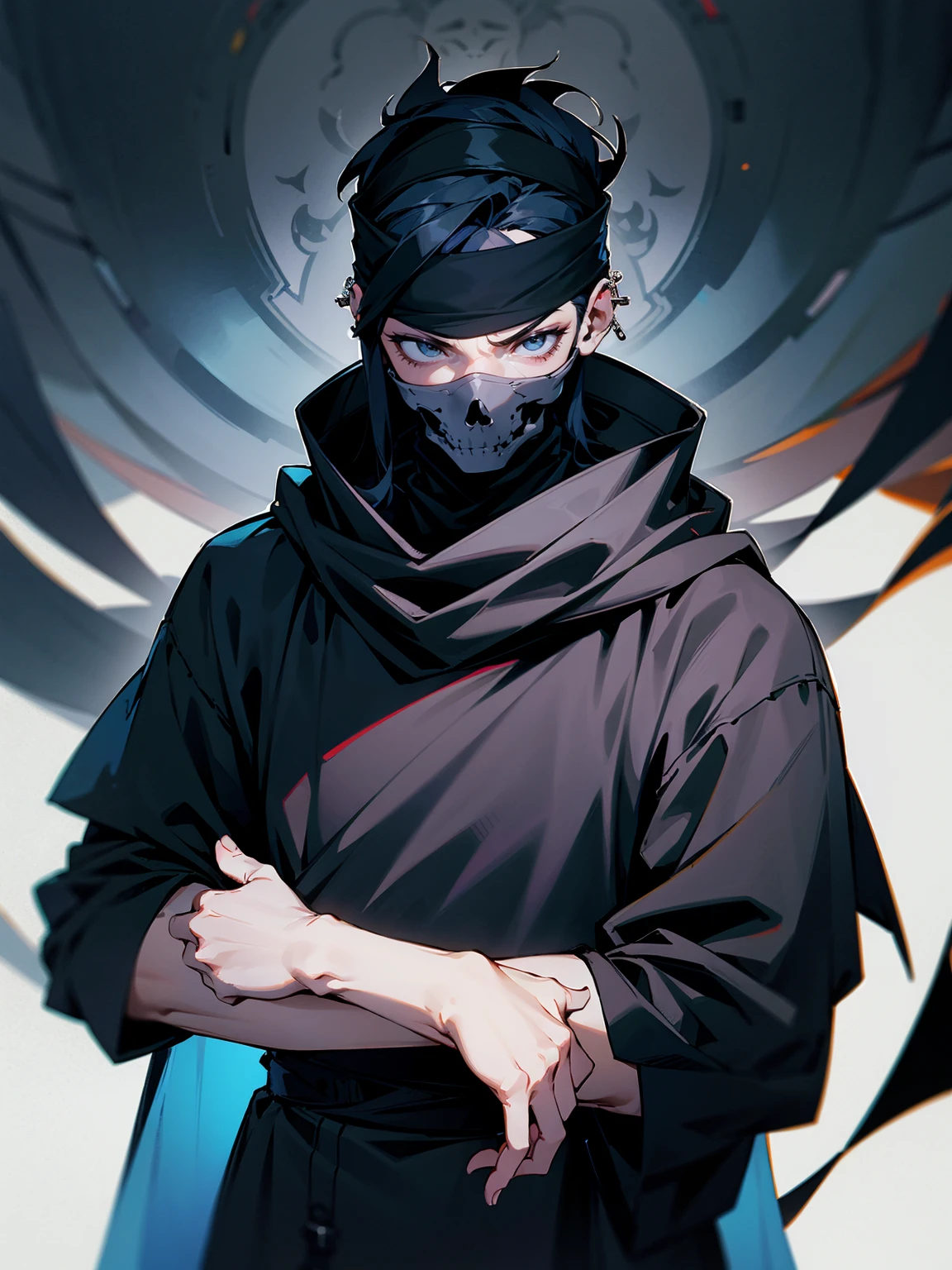 1male, adult, gojo hair, black hair, grey headband, skull mask, eye piercing, lazy expression, black paddedr outfit, lean build