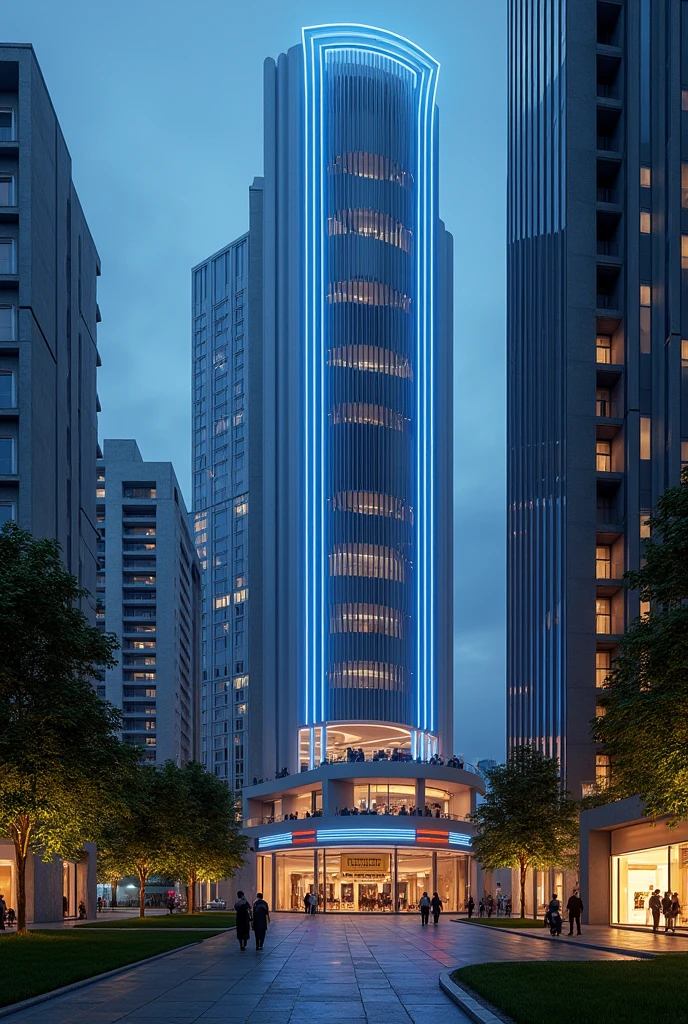 art deco design,urban buildings,streamline moderne,futuristic architecture, Abstraction,modern style,Luxury and Luxury,Future night view,Futuristic decorative elements,Metallic,number line,sci-fi lamp,Virtual Engine,Unreal rendering,blue lights, neon lights, apartments, restaurants, mid rise, mixed use, multiple buildings, trees, parks, greenery, grass, green field, pedestrians, people