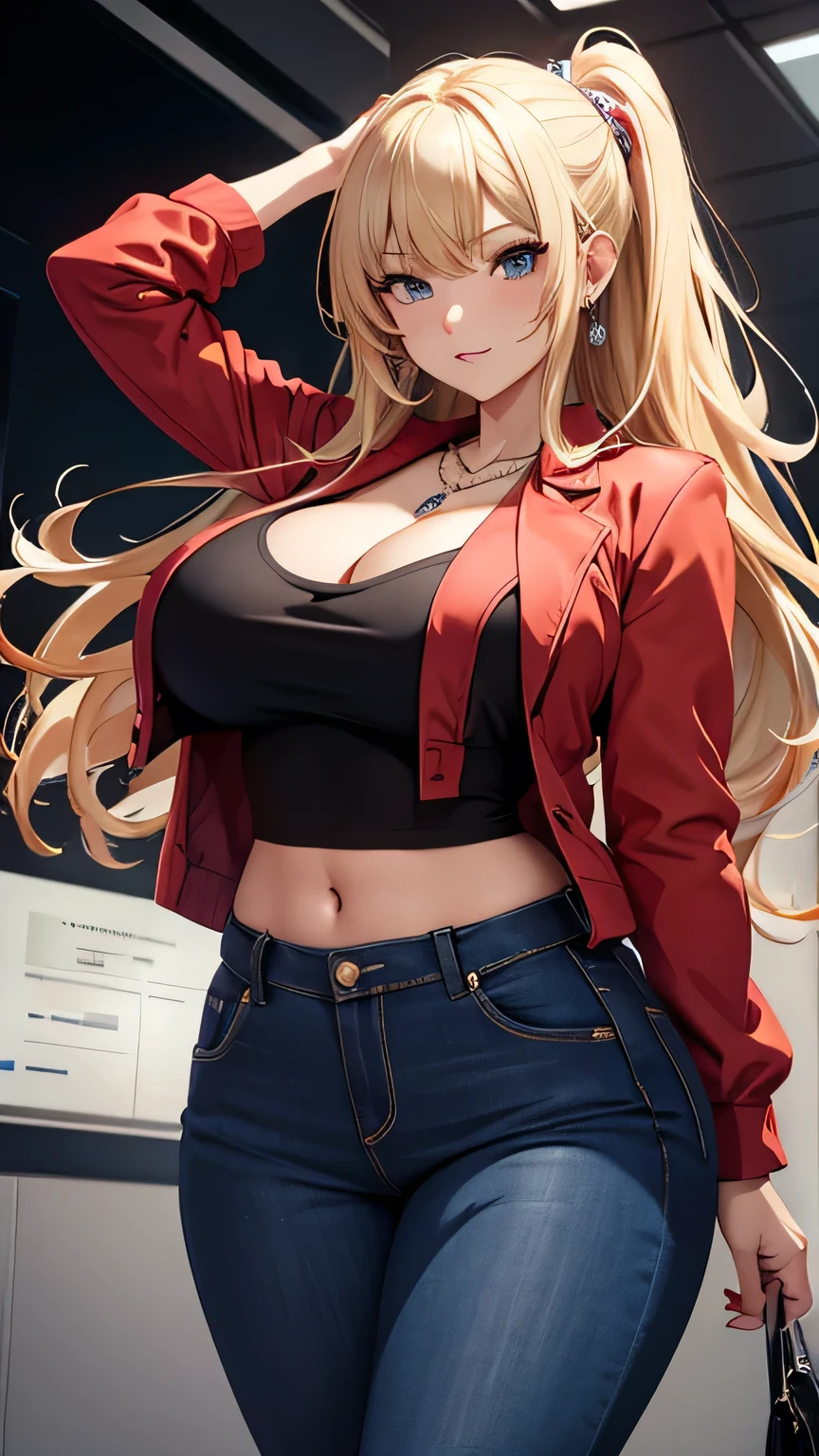 Best quality, high detailed, 8K quality, 4k resolution, stunning japanese girl, blonde hair, necklace and piercing, gorgeous face, huge breast, curvy body, wearing Erotic Oversized Blazers: Paired with tailored trousers or jeans for a chic, structured look, playful expression, pose with both hands, random hairstyle, playful expression, pose with both hands, random hairstyle