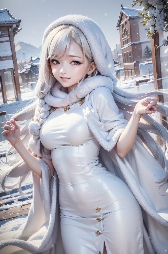 masterpiece、Highest quality、1 girl, winter, platinum blonde hair, Cute girl, smile, close mouse, medium breasts, sideboob:1.2, white dress, winter clothes, long skirt, Fur coat、Small waist、Thin legs、outdoors, front of the lake, snow falling, Prayer Pose, join hands, from backside:1.5, face, style