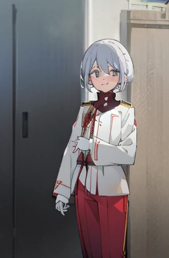 Red trousers and white 1800 uniform, white hair, smiling face, red sash with white lines, palace, Austria