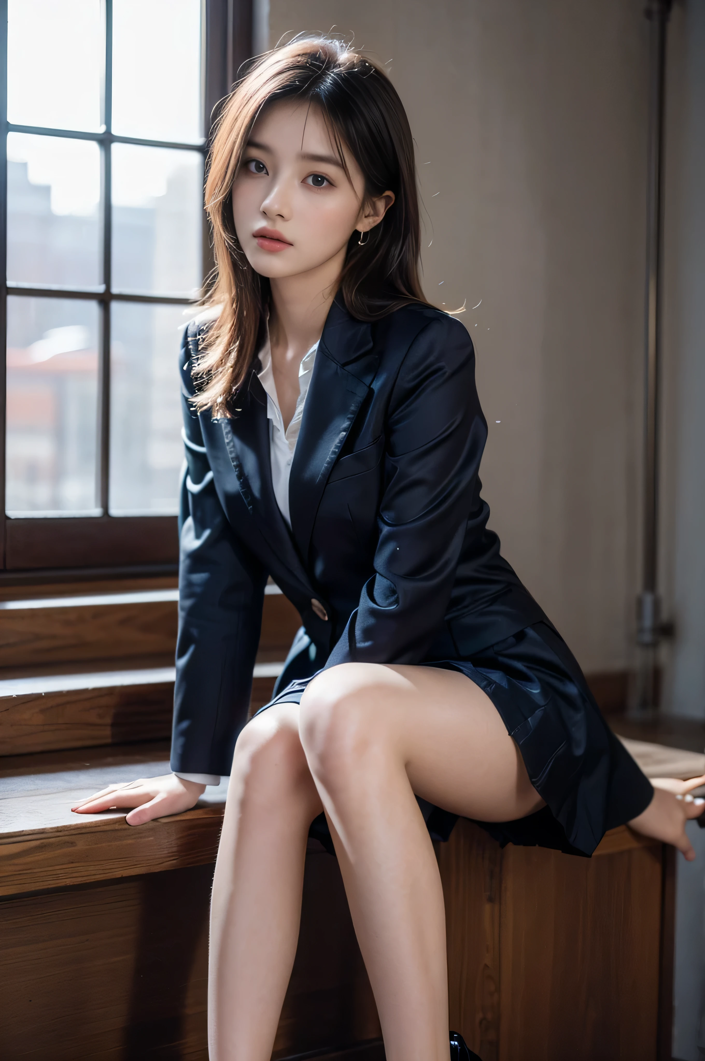 (Pure and cute Chinese college student 1.5), (20 years girl student), 8K, Masterpiece, RAW photo, Best quality, Photorealistic, Extremely detailed CG Unity 8K wallpaper, Depth of field, Cinematic light, Lens flare, Ray tracing, (Extremely beautiful face, Beautiful lips, Beautiful eyes), intricate detail face, ((ultra detailed skin)),(true to life,Photorealistic 1.8),((best qualtiy, 8K, tmasterpiece:1.3)),SLR camera (double eyelid,largeeyes:1.3),(smile1.5),(Full body photo 1.5)(One person 1.5)Clear focus 1.2, Perfect body beauty:1.4 , Delicate skin1.1,(Short silver-white hair 1.6),(Delicate makeup1.4),(Pure desire 1.3)(Black pantyhose 1.5)(The leg length is one meter two,1.5),Hair is slightly curled,Black hair, ((College Uniform silky purple blazer and silky navy blue Knee length skirt)), Bow knot,silky Navy Blue knee length Skirt, Slender legs,canvas Matty Black shoe,With earrings,Wristband jade bracelet,Standing in luxury Steps, 4 different poses, both hands playing with hair , beautiful knees , no need extra legs, no need extra hands, no need extra fingers, do not show panty, do not expose, no need stockings, no need full thighs show.