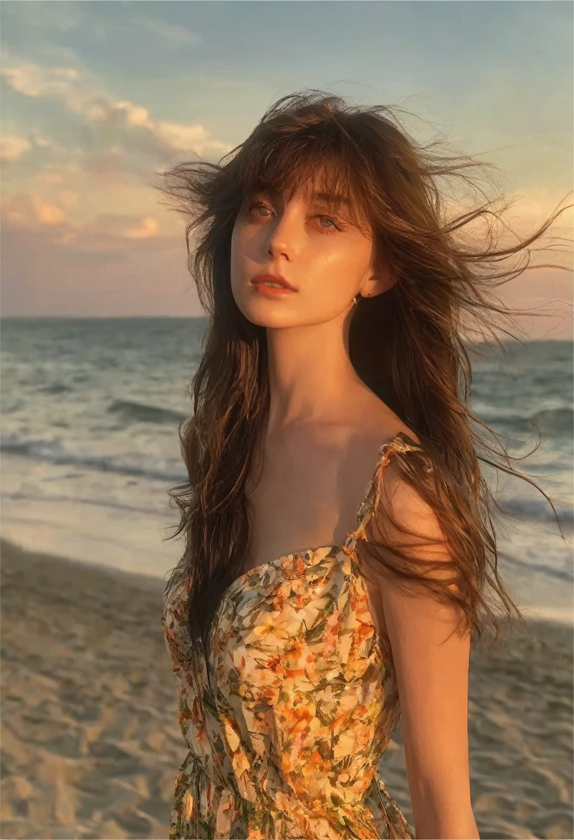 1girl, 1980s america, teenager, summer sunset beach, ocean breeze, flowing summer dress, long swaying hair, bangs over eyebrows, beautiful girl, frame, brunette hair, green eyes, bust shot, dramatic backlighting, professional camera, professional lighting, (best quality,4k,8k,highres,masterpiece:1.2),ultra-detailed,(realistic,photorealistic,photo-realistic:1.37),cinematic,atmospheric,warm colors,soft lighting,natural bokeh