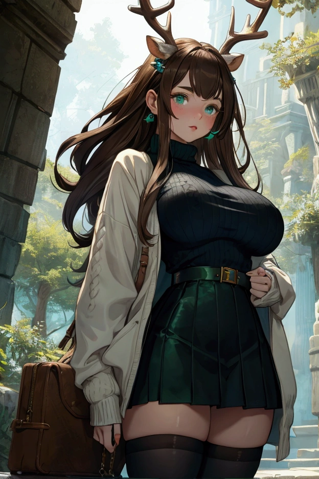 A deer girl, she has antlers, as well as deer ears, she has very fair hair skin but with white freckles. She has long muted brown hair with a mute blue-ish green. She is very beautiful and has modern looking clothing. She is a women with big breast, but wears a fairly modest black sweater with a white miniskirt, black stockings and white sneakers with silver and blue jewelry.