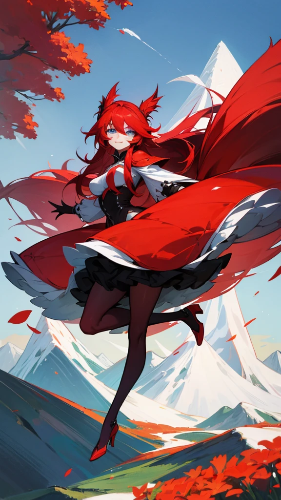 Rias Gremory, smile, red hair, blue eyes, full body, mountain, flowers
