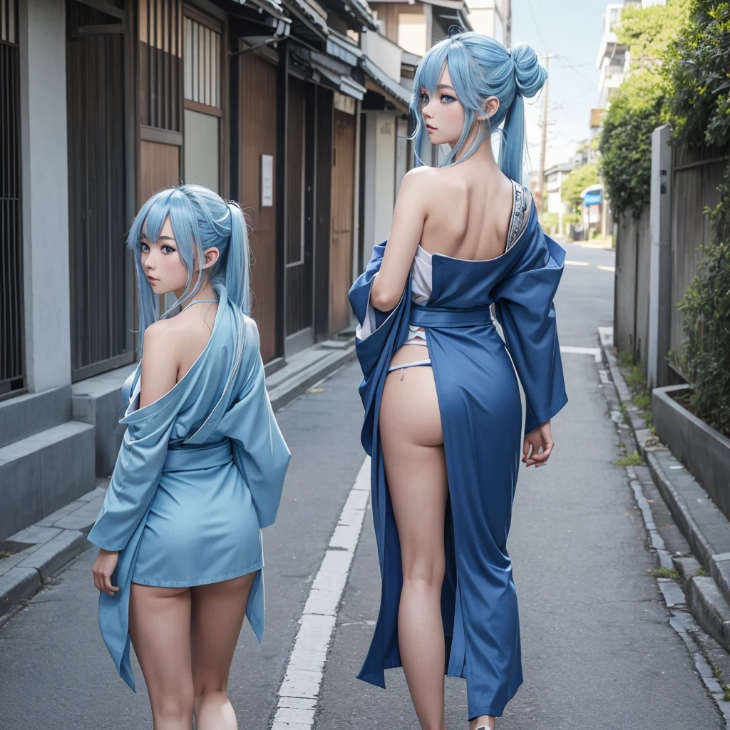 A anime high school girl, wear sexy kimono, short kimono, bare arms, bare back, bare shoulder, walking, long hair, light blue hair, look at viewer, blue eyes