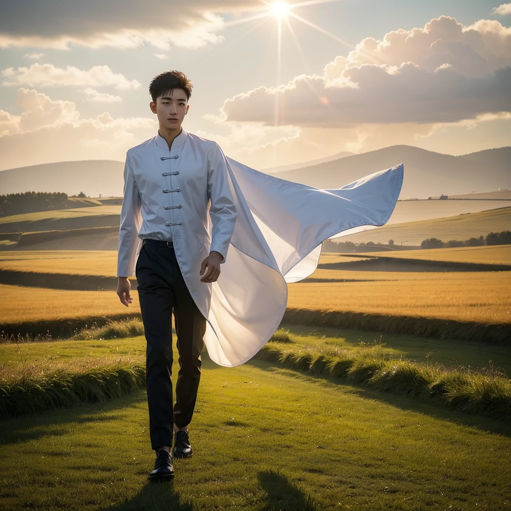 1 Handsome chinese slim guy, 20 years old, Hair combed smoothly, a handsome angel walking down a field, wind blowing as a holy radiant light beams down, 