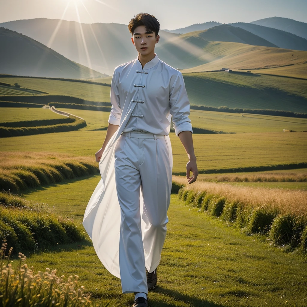 1 Handsome chinese slim guy, 20 years old, Hair combed smoothly, a handsome angel walking down a field, wind blowing as a holy radiant light beams down, 