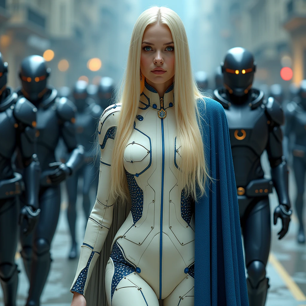 full body, full shot, Stepping out of her armored car, A queen is surrounded by her futurist AI bodyguards. The tension is intense, the queen is a woman 30 years old, very long straight hair, very blond hair, slim, blue eyes, wearing a cream and blue color futurist long royal dress with a printed circuit board cape, mix of armor and dress, stiletto heels, intense gazing eyes, as a conceptual AI, ultra-resolution, intricately detailed, full shot, from face, 8k by Helmut Newton