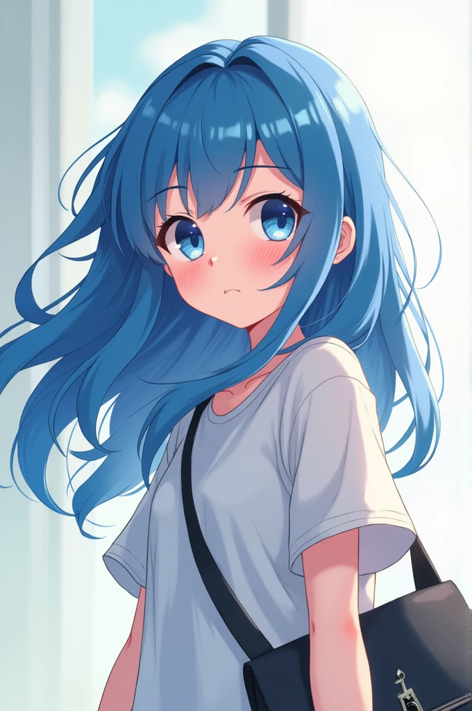 A blue-haired girl with a bag strap over her chest, in anime style
