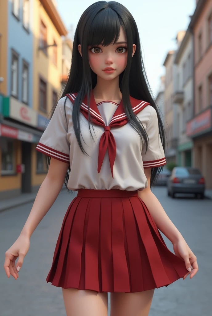 (Gadis Russia、、Same height:1.2)、Highly detailed CG Unity 8K wallpapers, Highest quality, very detail, masterpiece, realistic, foto realistic, Shooting the whole body from a distance、((smile:1.7))、((Gadis tusia cute yang sangat detail)), (((Try lifting your own skirt:1.5))), (Pick up your own skirt), (((masterpiece)))、 ((Detailed skin))、Natural Makeup、blushed、lips open, big breasts, open shirt buttons, looking at the audience, Elementary S pleated skirt、Ribbon tie、Knee high socks、Brown Nike Shoes、Russia、city、Long black hair, skinny legs、2 Feet、fair skin、Shy、naked、((Young elementary school stude