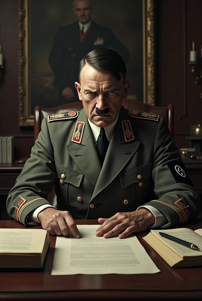 Adolf hitler with german military
He is series and he is working
Behind the desk and there is some important papers