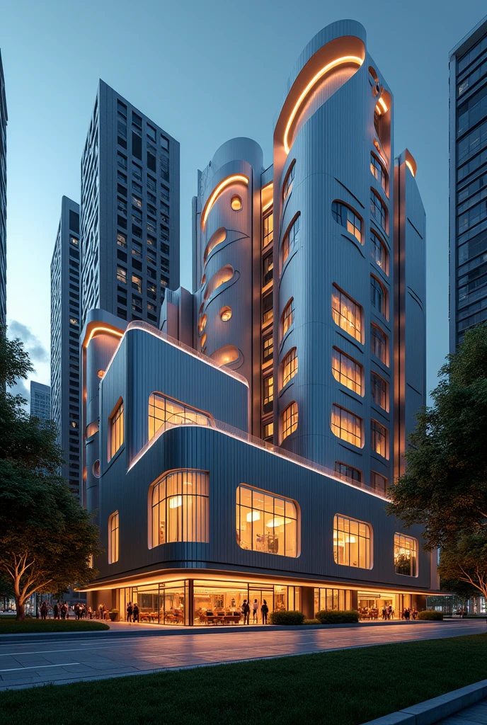 art deco design,urban buildings,streamline moderne,futuristic architecture, Abstraction,modern style,Luxury and Luxury,Future night view,Futuristic decorative elements,Metallic,number line,sci-fi lamp,Virtual Engine,Unreal rendering, neon lights, apartments, restaurants, mid rise, mixed use, multiple buildings, trees, parks, greenery, grass, green field, pedestrians, people