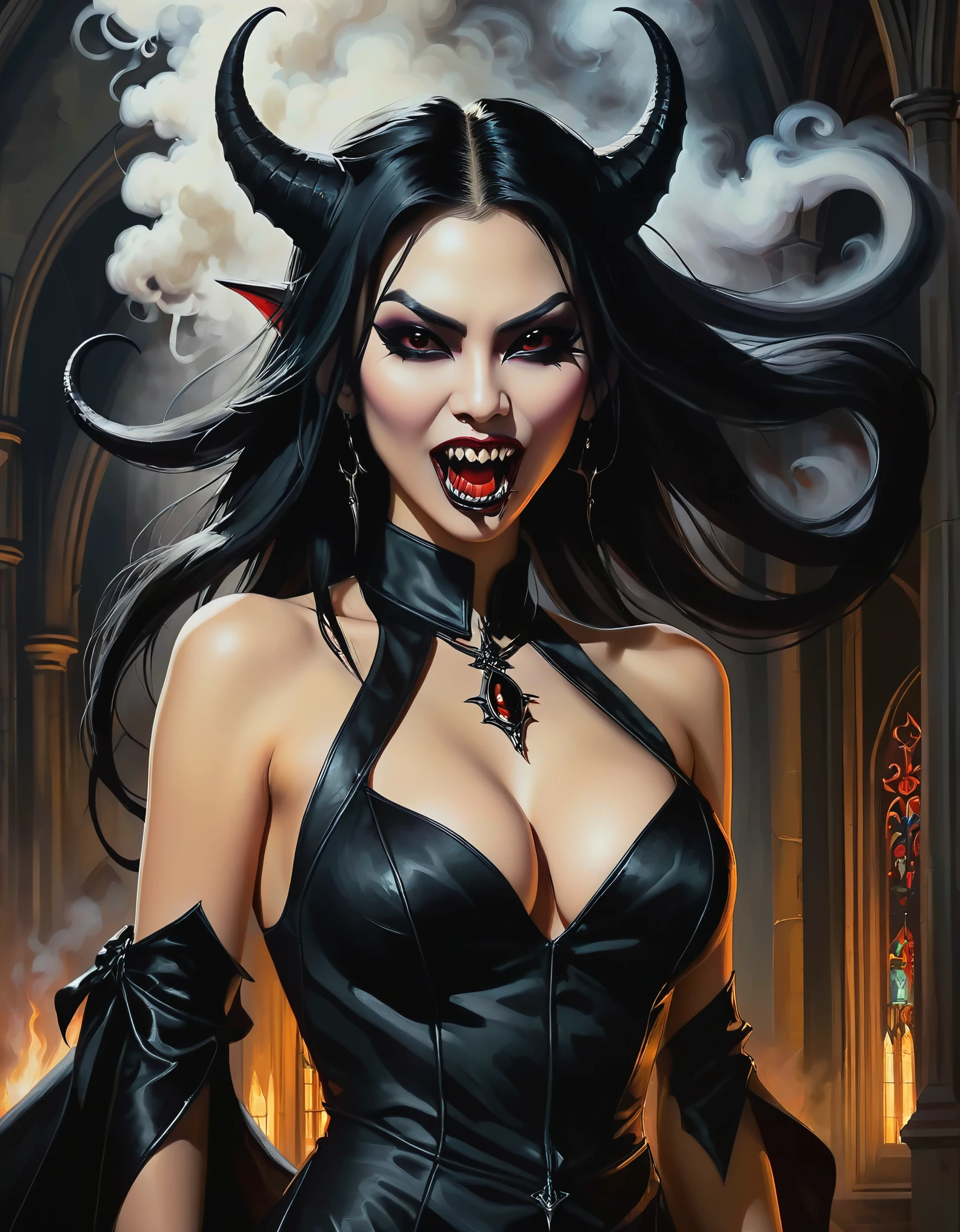 portrait oil on canvas painting , dark gothic church, beautiful busty Asian succubus woman, long thin demon tail, black eyes, sharp fangs, sharp teeth, vampire fangs, monster teeth, evil, dark, mysterious, black leather warlock dress, black smoke