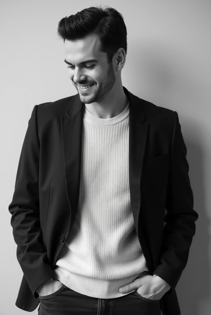 Create a black and white image of a man with short, dark hair, styled neatly to the side. He is wearing a textured light sweater beneath a dark, tailored blazer. The man is captured in a candid, relaxed moment, looking down with a gentle, genuine smile. His hands are casually placed in his pockets, and the background is a simple, smooth wall, which keeps the focus on his expression and attire. The overall mood of the image should be casual yet sophisticated, with a natural, authentic feel.