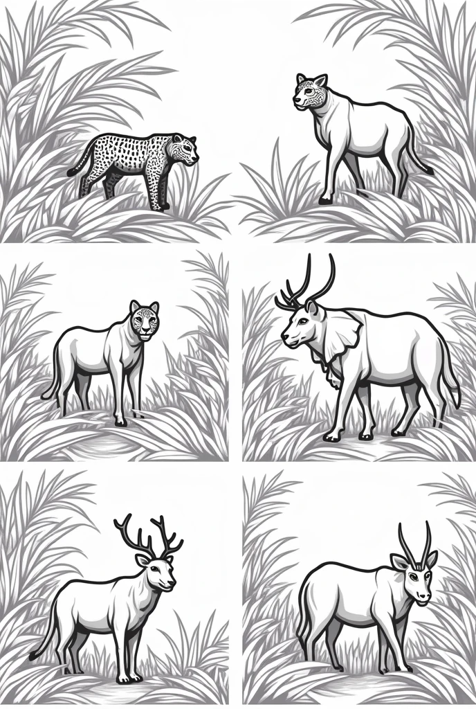 Create 6, outline images of wild animals, living in jungle,black and white