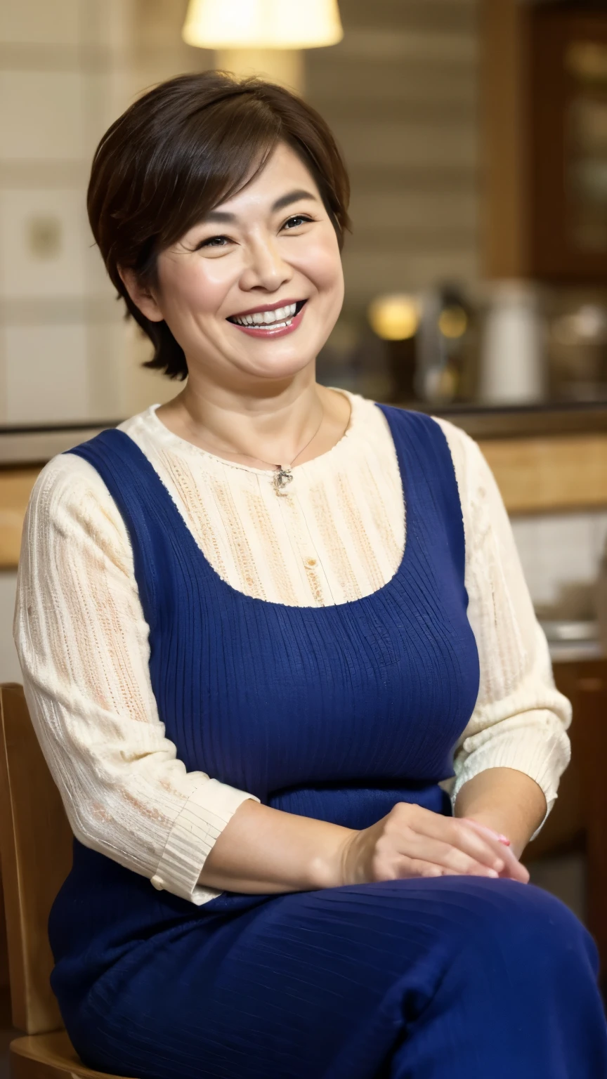 8k wallpaper, masterpiece, Highest quality, Very detailed, One Mature Woman, 50 years old, Become very clear, Wearing a short-sleeved knit, Skin dents, Captivating smile, Looking at the audience, No lapel microphone, Plump, Curvaceous, Attractive face, Smiling with teeth showing, I was happy, sitting in a cafe, Background Blur
