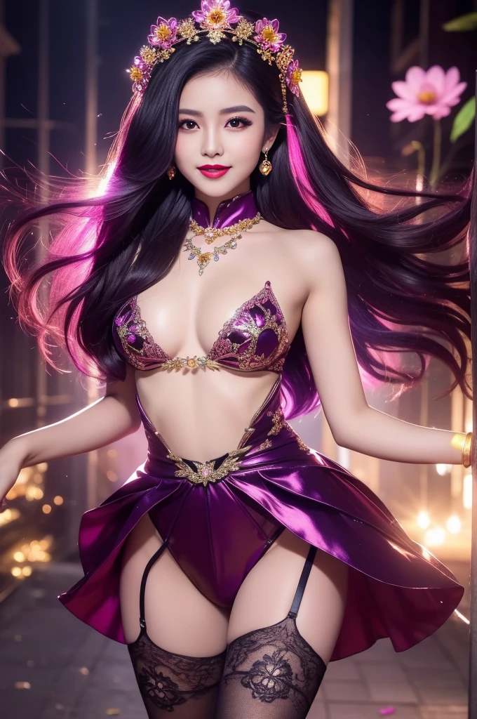 sexy Thai model who controls poison、beautiful smile、lipgloss、bold lipstick、intense makeup、look at the camera、full body Esbian、、sparkling poisoned flower costume、、、、sparkling Colorful hair、secrete poison、skull hair accessories、sexy tights、shiny sparkling flowers background