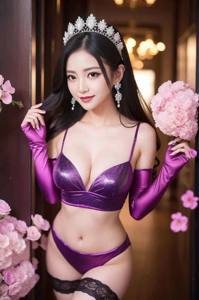 sexy Thai model who controls poison、beautiful smile、lipgloss、bold lipstick、intense makeup、look at the camera、full body Esbian、、sparkling poisoned flower costume、、、、sparkling Colorful hair、secrete poison、skull hair accessories、sexy tights、shiny sparkling flowers background