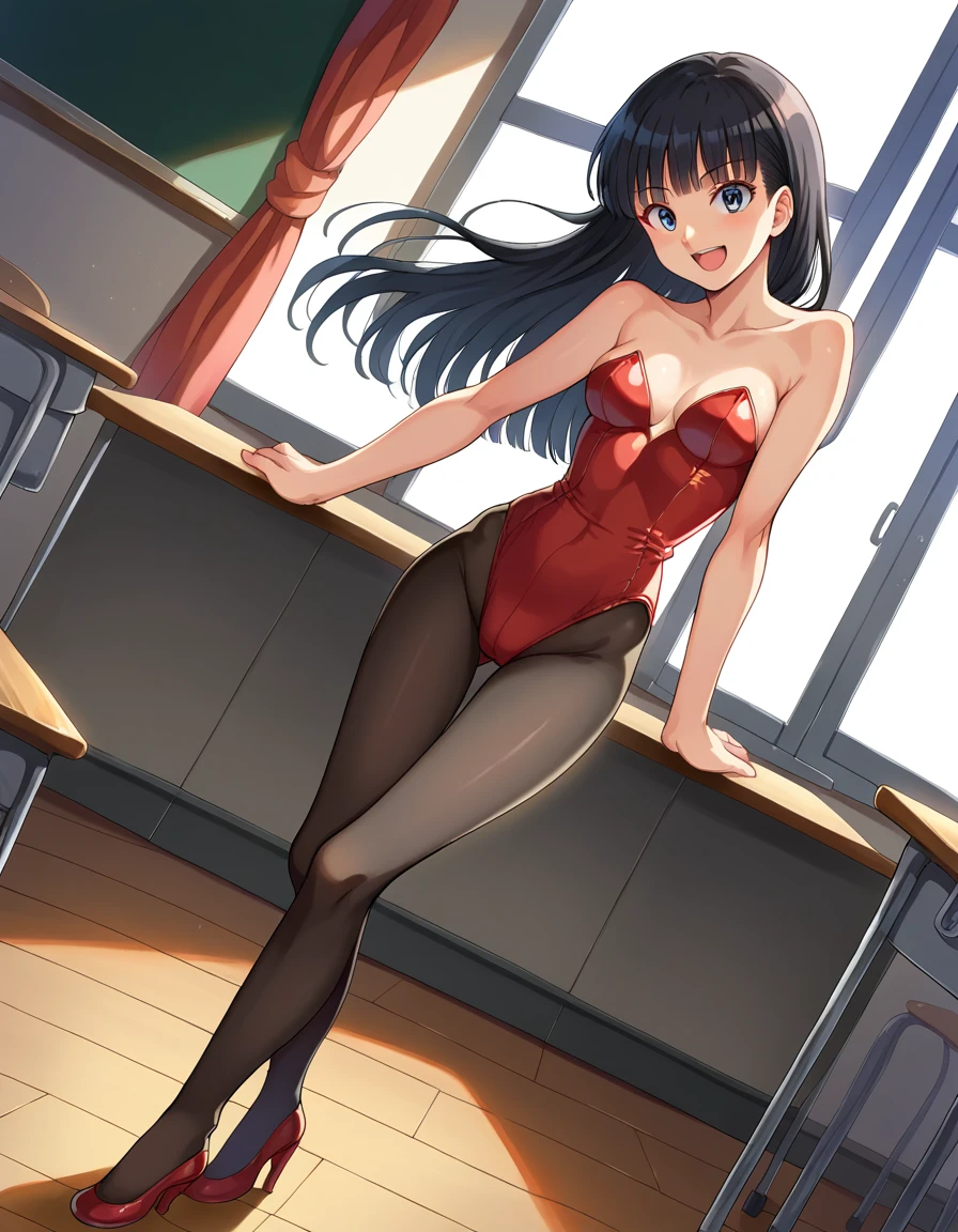 score_9, score_8_superior, score_7_superior, sauce_anime,
Tsukasaayatsuji, Tsukasa Ayatsuji, Black Hair, Long Hair, bangs, blunt bangs, Iris, smile,
kibito high , ((Red Playboy Honey)), pantyhose, High heels, Are standing, sexypose,  (erotic, sexy, 魅惑的なsmile, superior目, Small with open mouth),
indoor, classroom, I had already finished,
View your viewers, Dutch Angle, Cowboy Shot