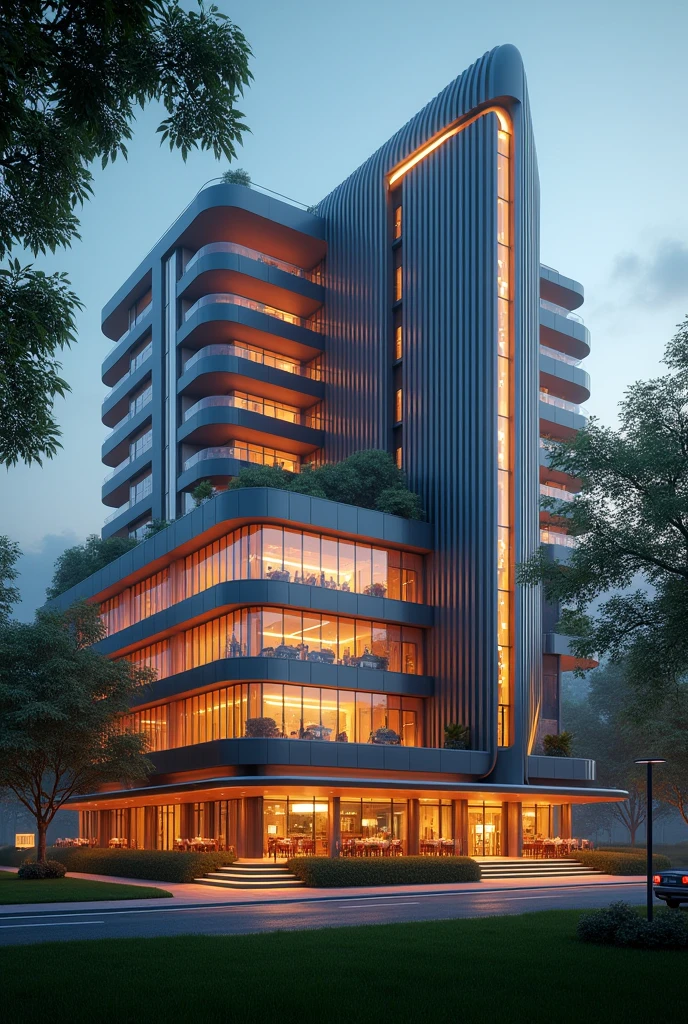 art deco design,urban buildings,streamline moderne,futuristic architecture, Abstraction,modern style,Luxury and Luxury,Future night view,Futuristic decorative elements,Metallic,number line,sci-fi lamp,Virtual Engine,Unreal rendering, neon lights, apartments, restaurants, mid rise, mixed use, multiple buildings, trees, parks, greenery, grass, green field, pedestrians, people