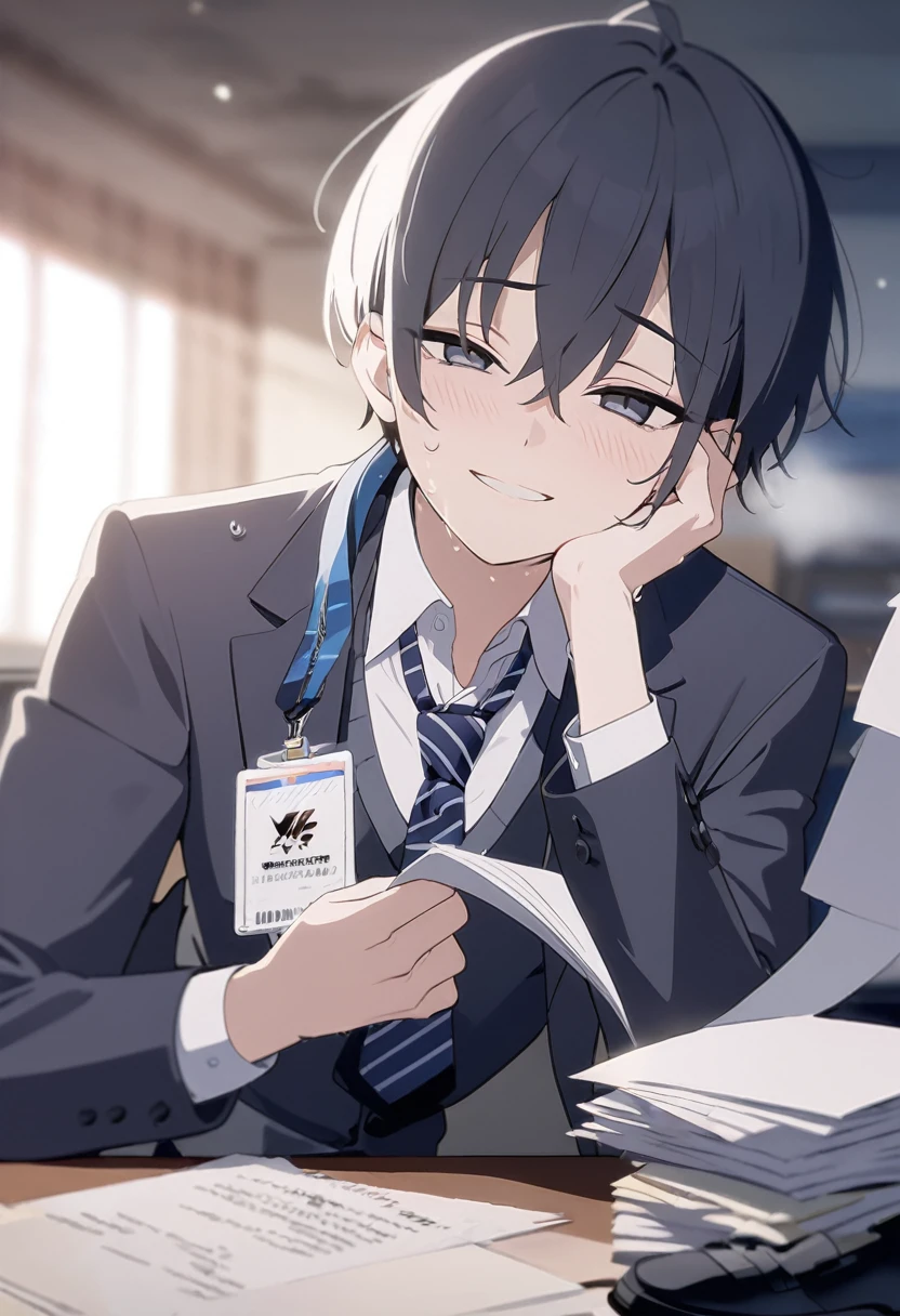 masterpiece,best quality,depth of field,8k,dark gray eyes,blue eyes,wseifuku,chic,(charismatic eyes 1:1),alone,white shirt,gray suit vest,male,Blue Striped Tie,black oxford shoes,Wearing an employee ID around his neck,Forcing a smile,There is cold sweat on the cheeks,A pile of papers