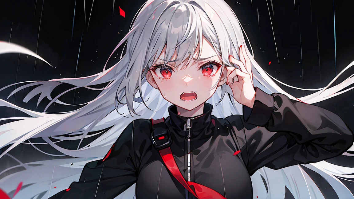 A girl glaring forward with a furious expression、Gray Hair、Tears、Eyes of a murky red、Black clothing、Raining background、Pitch black background。Open mouth and screaming