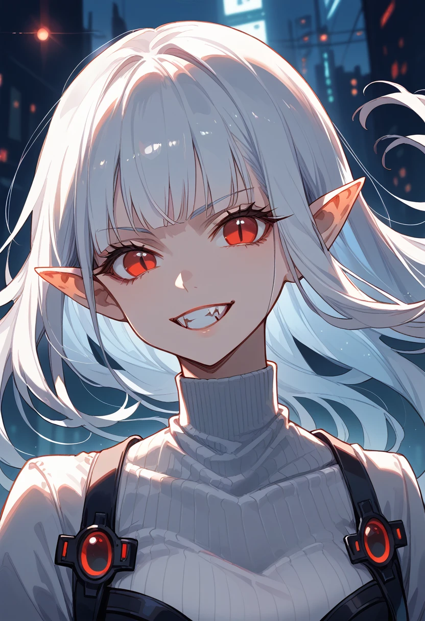 One girl, (alone), Anime girl with long white hair and red eyes, White Haired Girl, girl in white turtleneck, Pointy Ears, ((vampire)), Grin, Conceit, Mouth closed, Cowboy Shot, Perfect white hair girl, White-haired God, Digital Cyberpunk Anime Art, turtleneck, Lens flare, ((Dramatic lighting)), Soft glowing red eyes, Very detailed, masterpiece, View your viewers, Background city, (night)