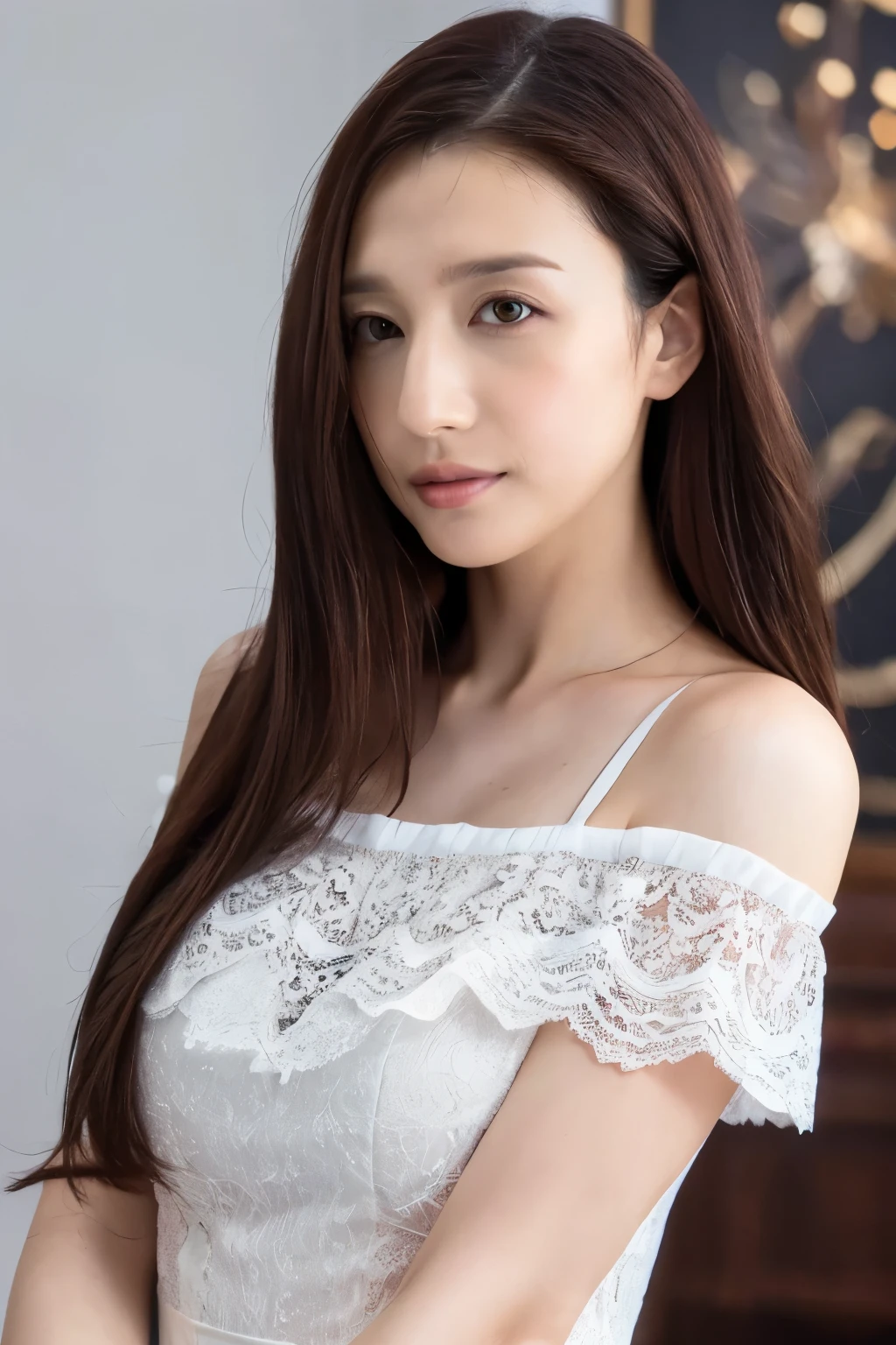 ((Highest quality、masterpiece、8k、Best image quality、Hyperrealism、Award-winning works)), One beautiful woman, (Elegant lace blouse: 1.1), Very beautiful face, Delicate eyes, Expose your forehead, Long Straight Hair, (Strongly blurred background:1.2),Face close-up