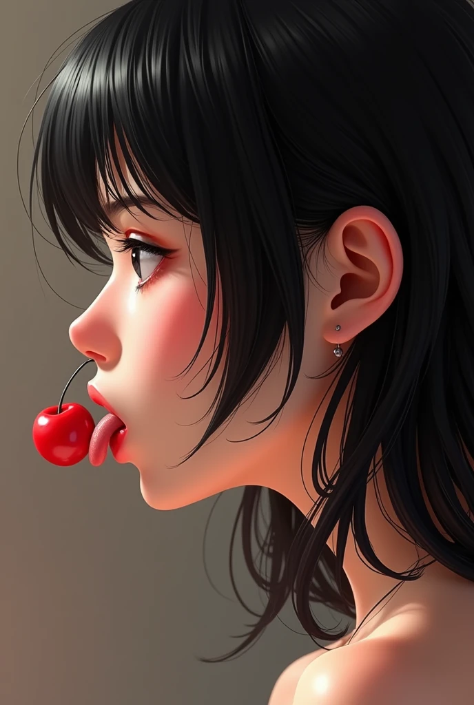 Sexy profile of a girl licking her cherry with her tongue out. Japanese woman, slightly ugly, 3D, black hair