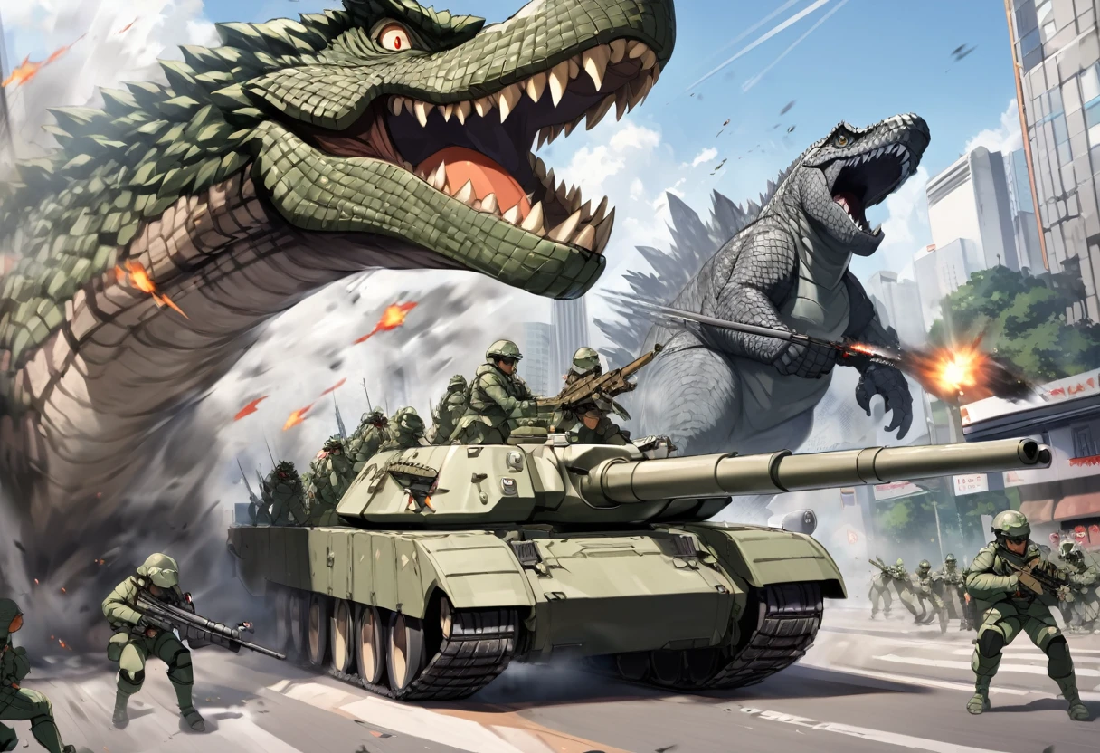 View is from slightly behind a heavily armed and armored tank, It is firing its weapons at Godzilla. Godzilla is on a rampage in Bangkok. Daytime. Army assault on Godzilla