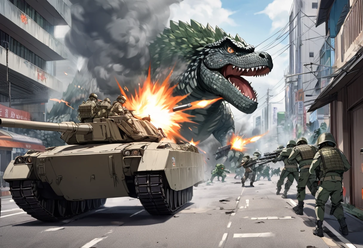 View is from slightly behind a heavily armed and armored tank, It is firing its weapons at Godzilla. Godzilla is on a rampage in Bangkok. Daytime. Army assault on Godzilla