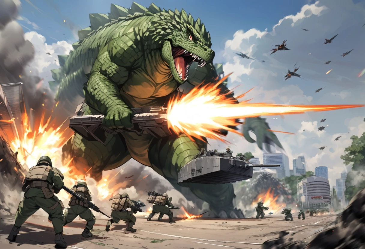 View is from slightly behind a heavily armed and armored tank, It is firing its weapons at Godzilla. Godzilla is on a rampage in Bangkok. Daytime. Army assault on Godzilla