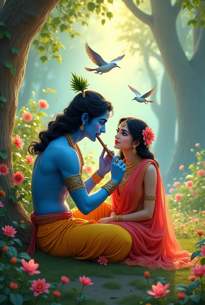 Create image of lord Sri Krishna with lord Radha both sitting in a garden and krishna was playing flute and Radha close to krishna and birds are enjoying Krishna's flute music and background was with full of trees and flowers