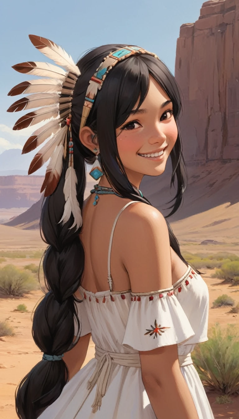 White Warbonnet、cheyenne、profile、Upper Body、masterpiece、Highest quality、1 beautiful girl、Black Hair、Twin tails、20-year-old、Brown skin、White Dress、Native American、Upper Body、smile、love、Blushing cheeks、scenery、desert、wedding。