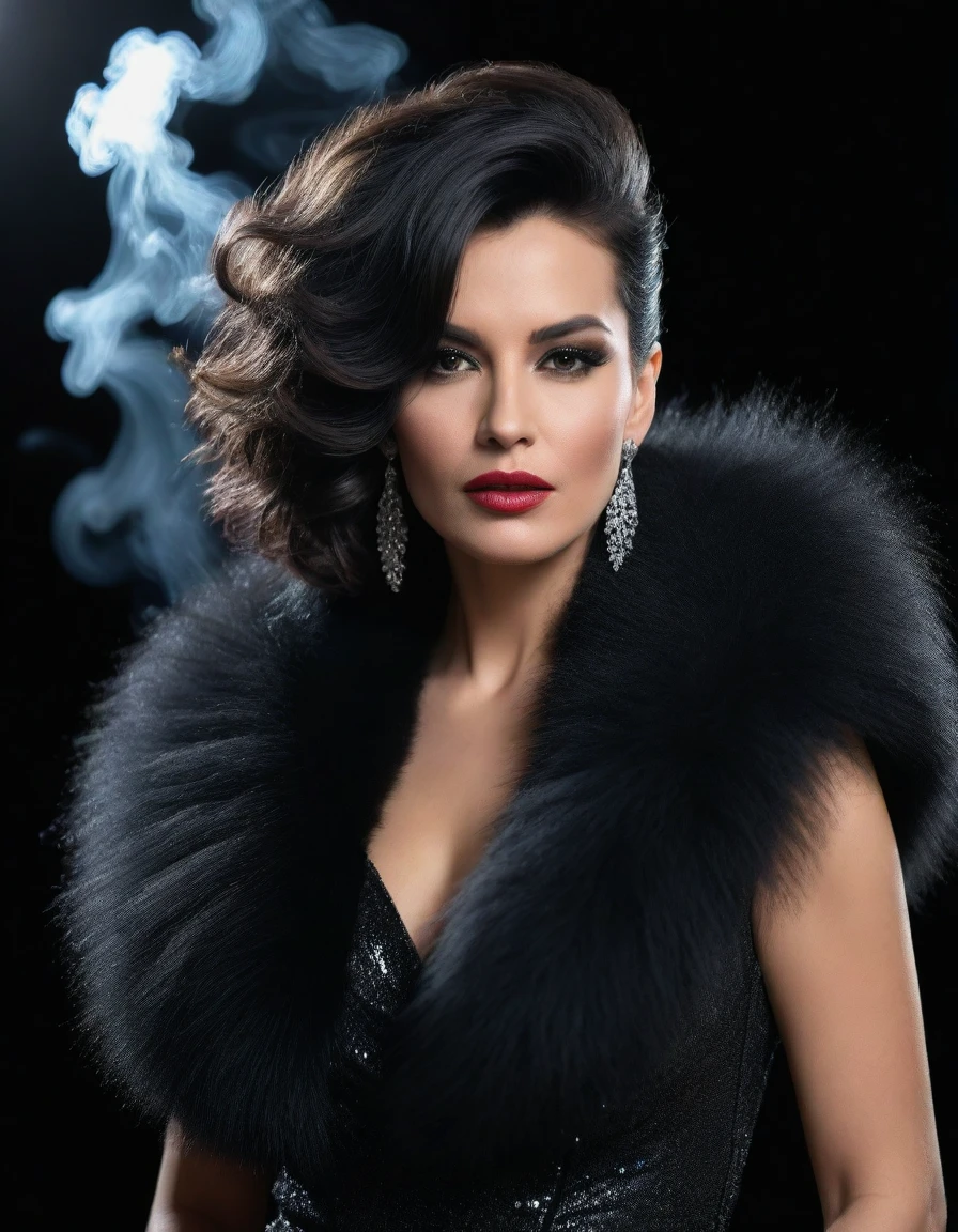 Hyperrealistic portrait of young sexy and elegant femme fatale woman with black glittery cascade hair, 45 ans, dressed in a very voluminous femme fatale coat and thick fur stole around bare shoulders and crystalline black evening formal dress underneath of it and wearing a long black elbow gloves, smoking cigarette, Realistic photo, dynamic lighting, affiche, volumetric lighting, highly detailed faces, 4k, prime,, 1fille, , discret,Tir de cow-boy ,cheveux longs,Cheveux noirs, very big breasts, festival de Cannes,