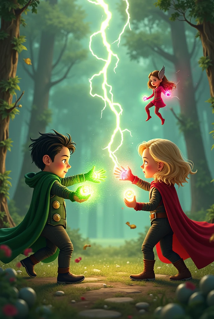 Loki, thor and scarlet witch as a kid playing together. Thor throw lightning at loki, loki shoot green magic at thor, and scarlet witch floating with her red magic