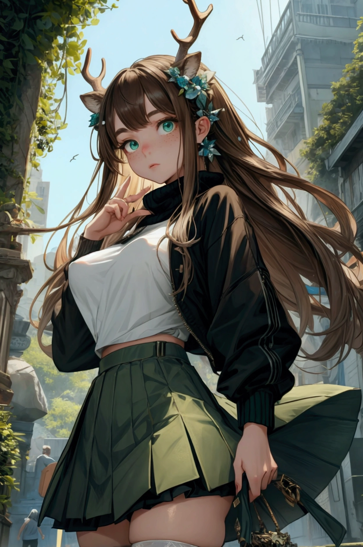 A deer girl, she has antlers, as well as deer ears, she has very fair hair skin but with white freckles. She has long muted brown hair with a mute blue-ish green. She is very beautiful and has modern looking clothing. She is a women with medium breast, but wears a fairly modest black sweater with a white miniskirt, black stockings and white sneakers with silver and blue jewelry. 4k resolution, beautiful girl.*